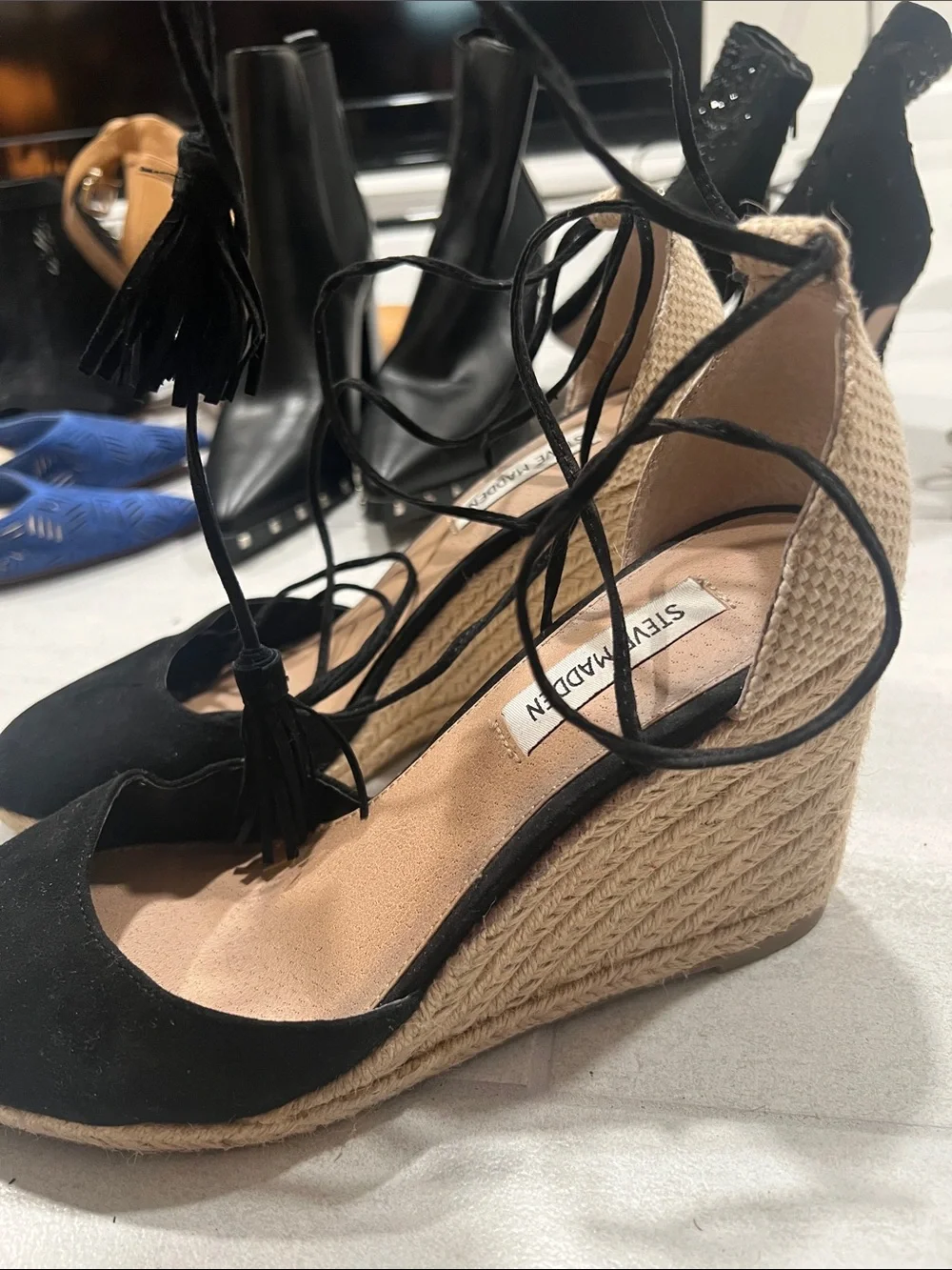 Steve Madden Black Lace-Up Espadrille Wedge Shoes